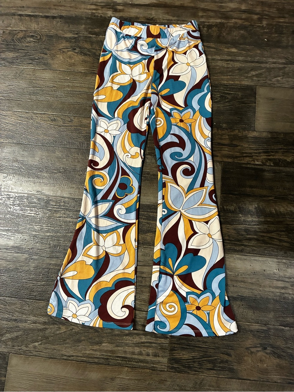 J.O.A. Retro Floral Flared Pants in Teal, Mustard, White & Brown